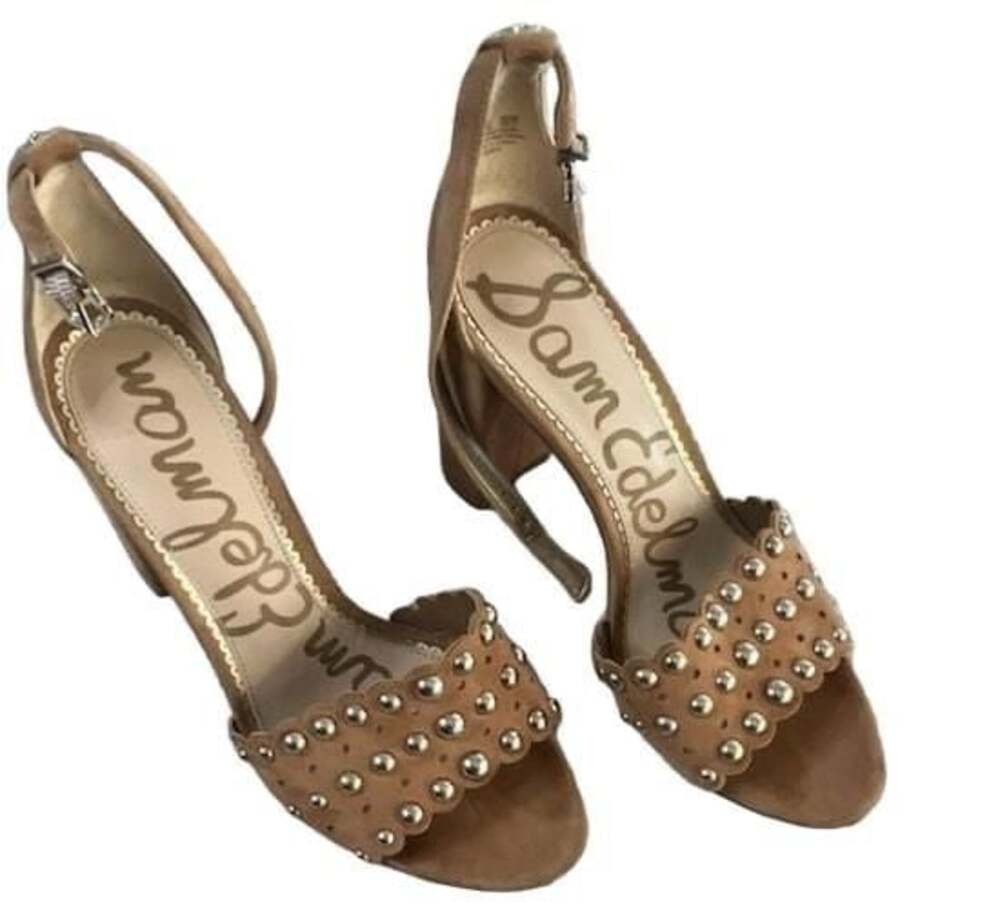Sam Edelman Yaria Tan Suede Studded Scalloped Heeled Sandals - Picture 2 of 7